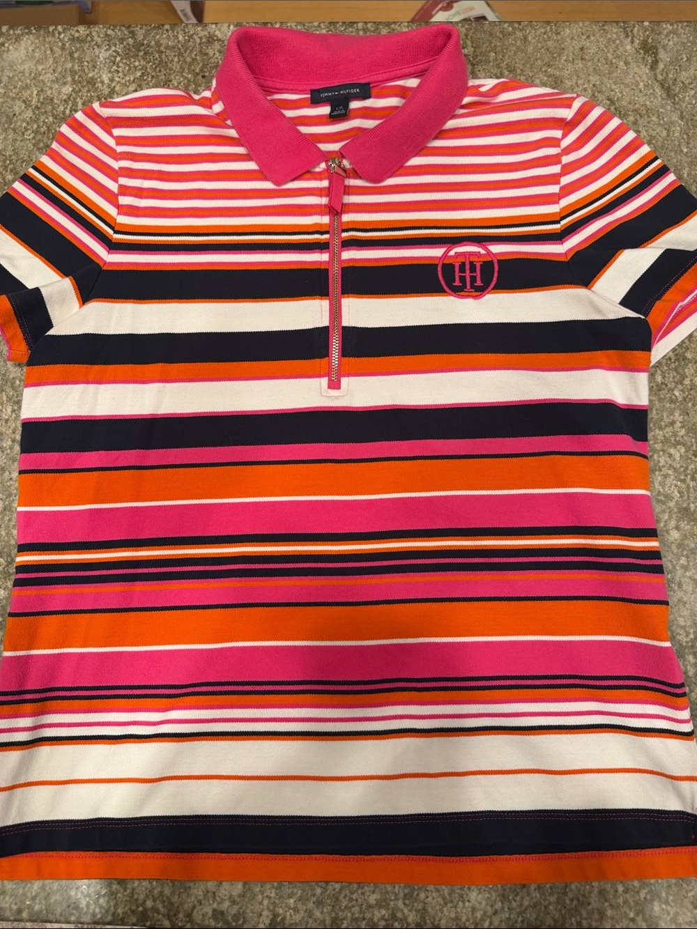 Tommy Hilfiger Pink, Orange & Navy Striped Women's Polo Zip Top Size L